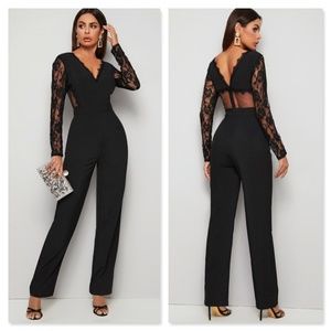 Lace Detail Black Elegant V-Neck Jumpsuit